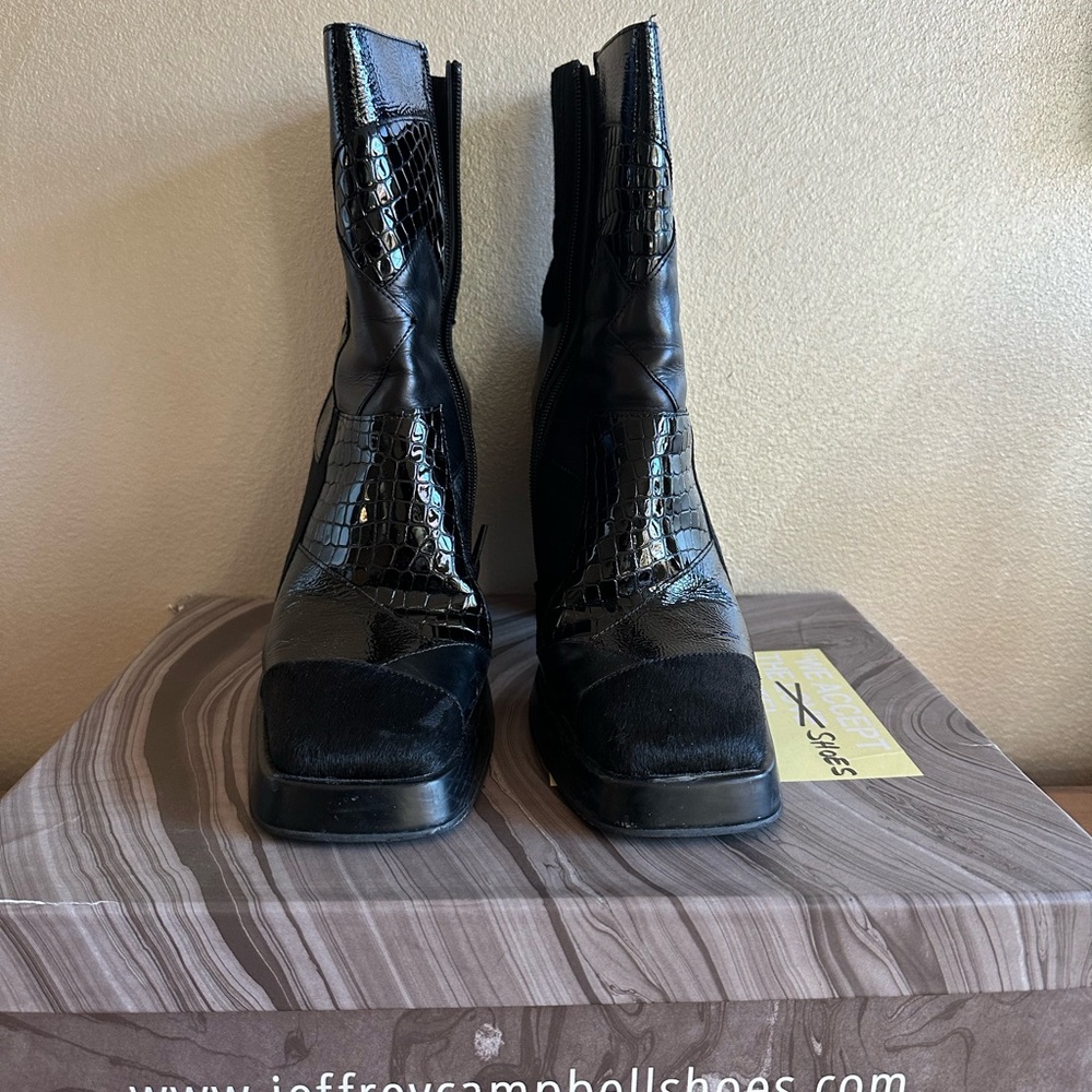 Jeffrey Campbell platform Black boots with Croc-patchwork design